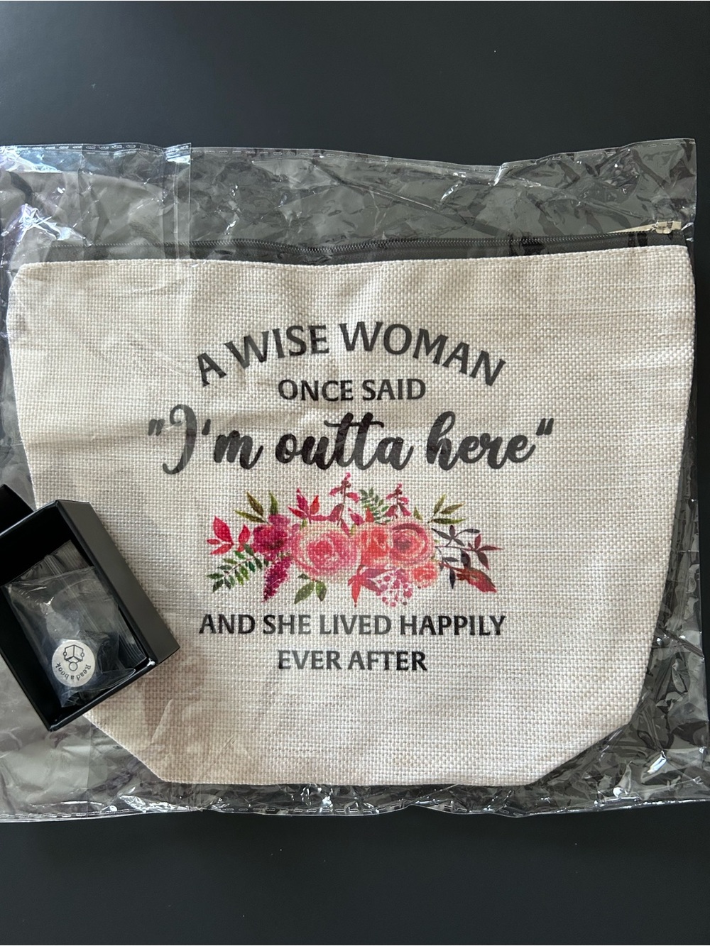 New Retirement Gift Cream Floral Canvas Cosmetic Pouch I'm Outta Here & Dice